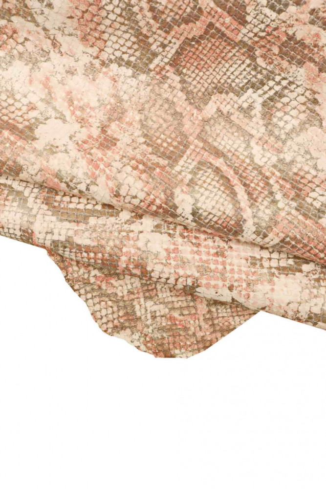 PYTHON textured leather skin, white pink grey snake print on carved goatskin, reptile pattern on soft matt hide
