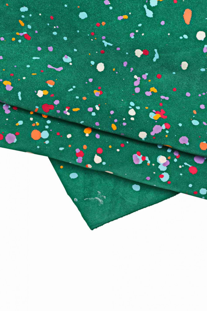 UNIQUE colorful leather hide, emerald green suede cowhide with multicolor splash print, hand painted soft calfskin