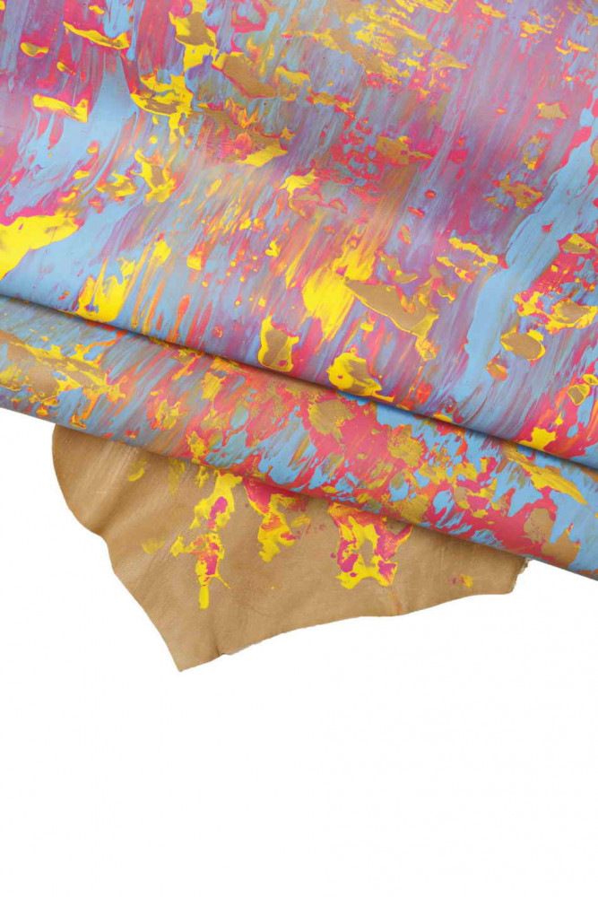 ARTISTIC leather hide, multicolor strokes print on soft goatskin, original hand painted skin