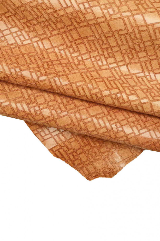 GEOMTRICAL printed sporty leather skin, light brown goatskin with shades, tan soft glossy printed hide