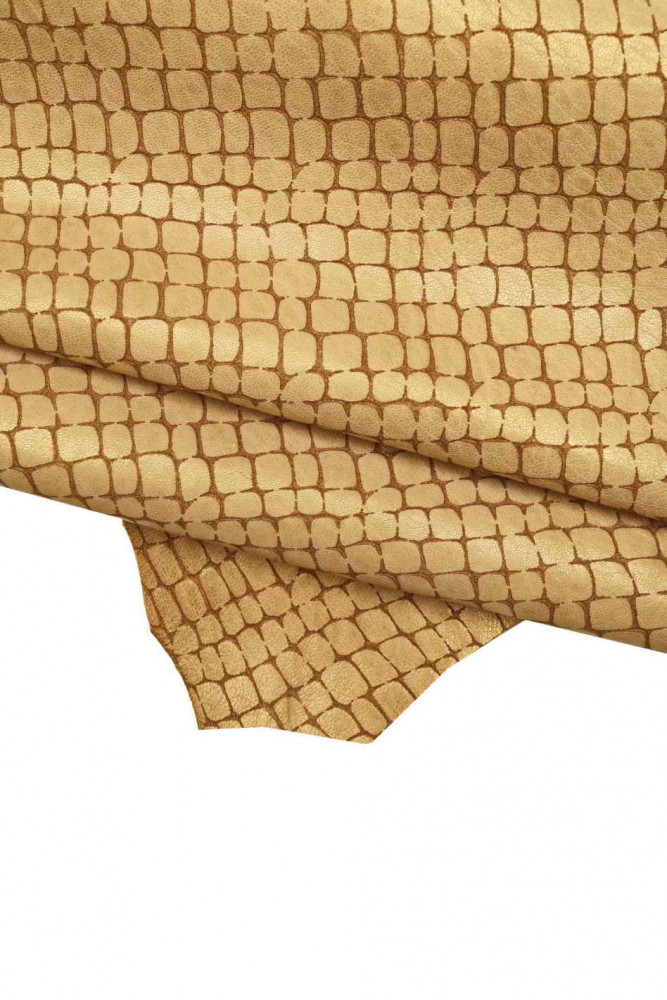 PEARLIZED beige crocodile printed leather skin, sporty soft goatskin, croc embossed hide with gold pearl