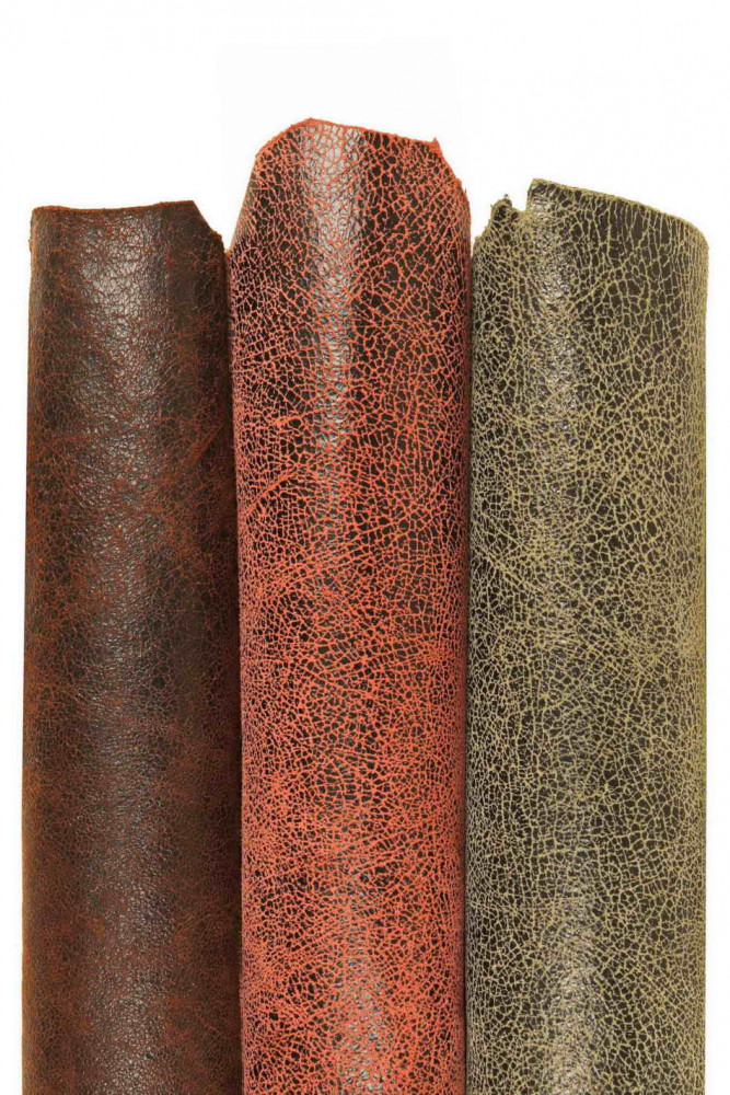 Army green, red, brown CRACKLE printed leather skin, soft textured suede goatskin, crack pattern on skin