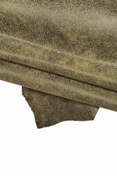 Army green, red, brown CRACKLE printed leather skin, soft textured suede goatskin, crack pattern on skin