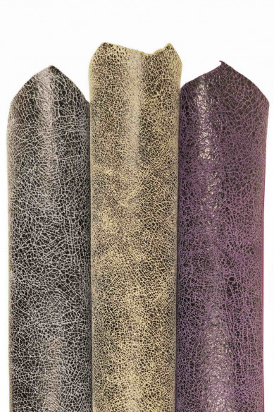 Greyish green, purple, grey CRACKLE printed leather skin, soft textured suede goatskin, crack pattern on skin