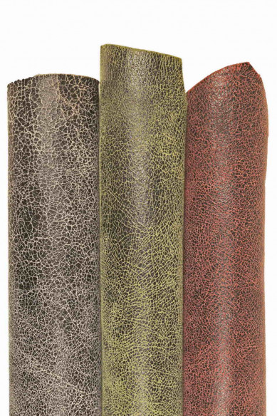 Grey, green, red CRACKLE printed leather skin, soft textured suede goatskin, crack pattern on skin