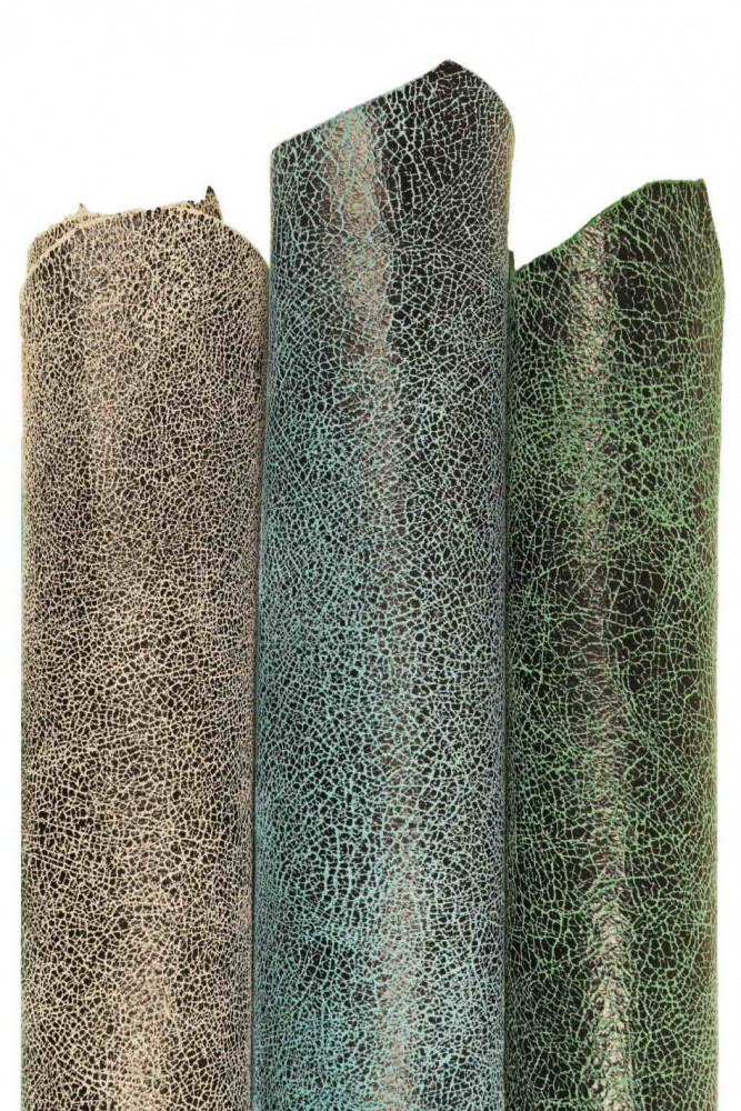 Grey, turquoise, green CRACKLE printed leather skin, soft textured suede goatskin, crack pattern on skin