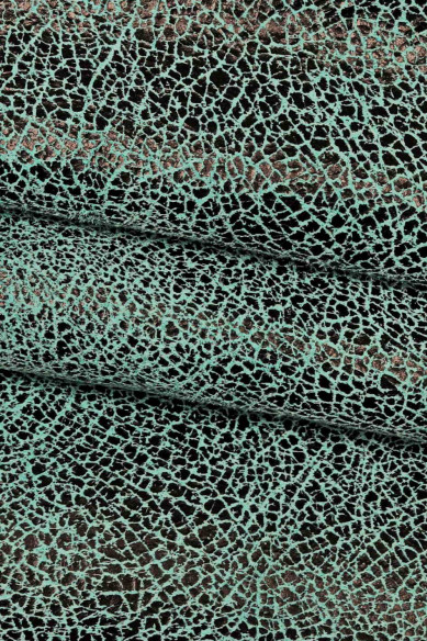 Grey, turquoise, green CRACKLE printed leather skin, soft textured suede goatskin, crack pattern on skin