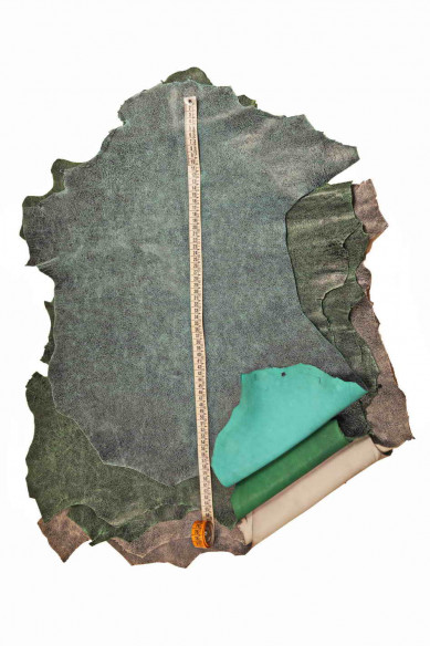 Grey, turquoise, green CRACKLE printed leather skin, soft textured suede goatskin, crack pattern on skin