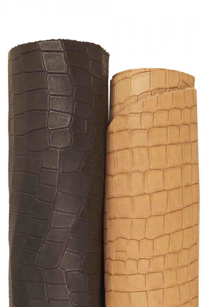 Beige black CROC embossed cowhide, soft slightly milled leather hide, semi-glossy crocodile printed calfskin