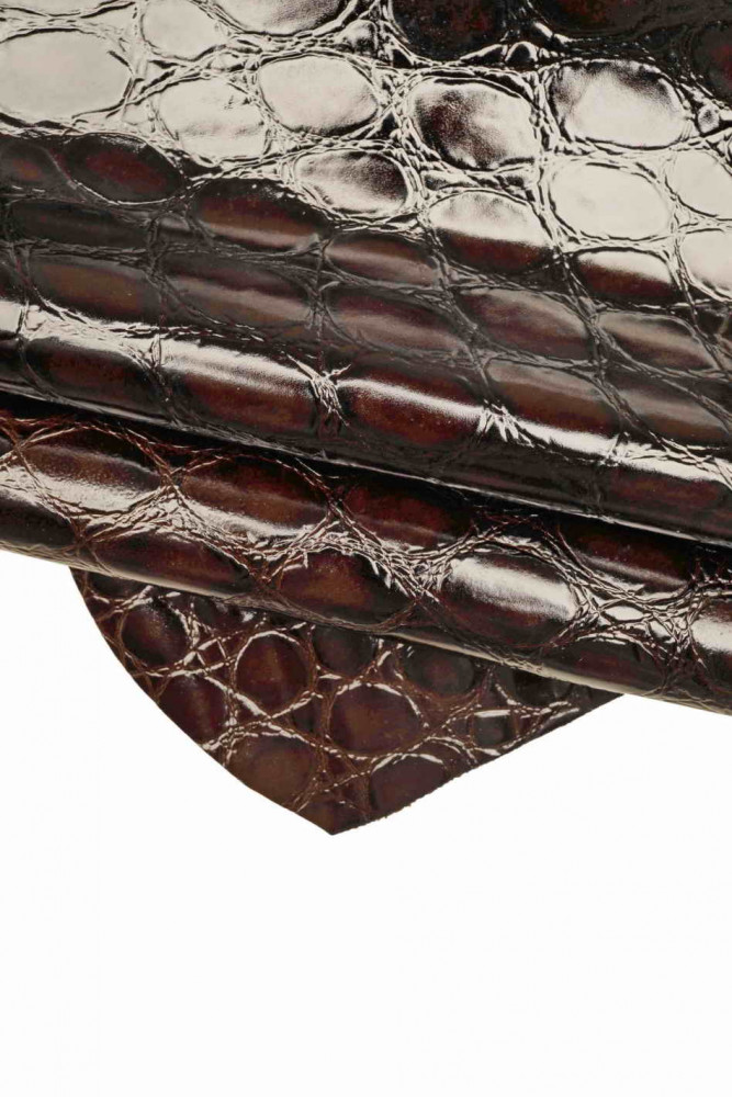 Glossy CROCODILE printed leather hide, dark brown croc embossed calfskin, elegant cowhide, medium softness, 0.6-0.8mm