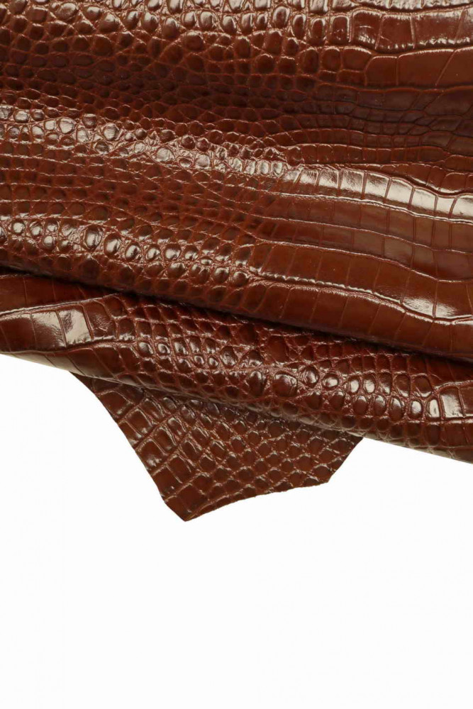 Burgundy CROC embossed leather hide, glossy cowhide, classic elegant crocodile printed calfskin