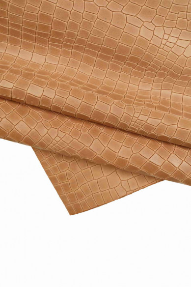Beige CROCODILE printed cowhide, light brown glossy calfskin, croc embossed calfskin, medium softness
