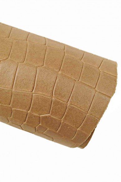 Pellame stampato COCCODRILLO marrone fango, vitello semi-lucido morbido, pelle stampa cocco sportiva