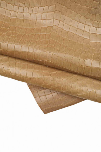 Pellame stampato COCCODRILLO marrone fango, vitello semi-lucido morbido, pelle stampa cocco sportiva
