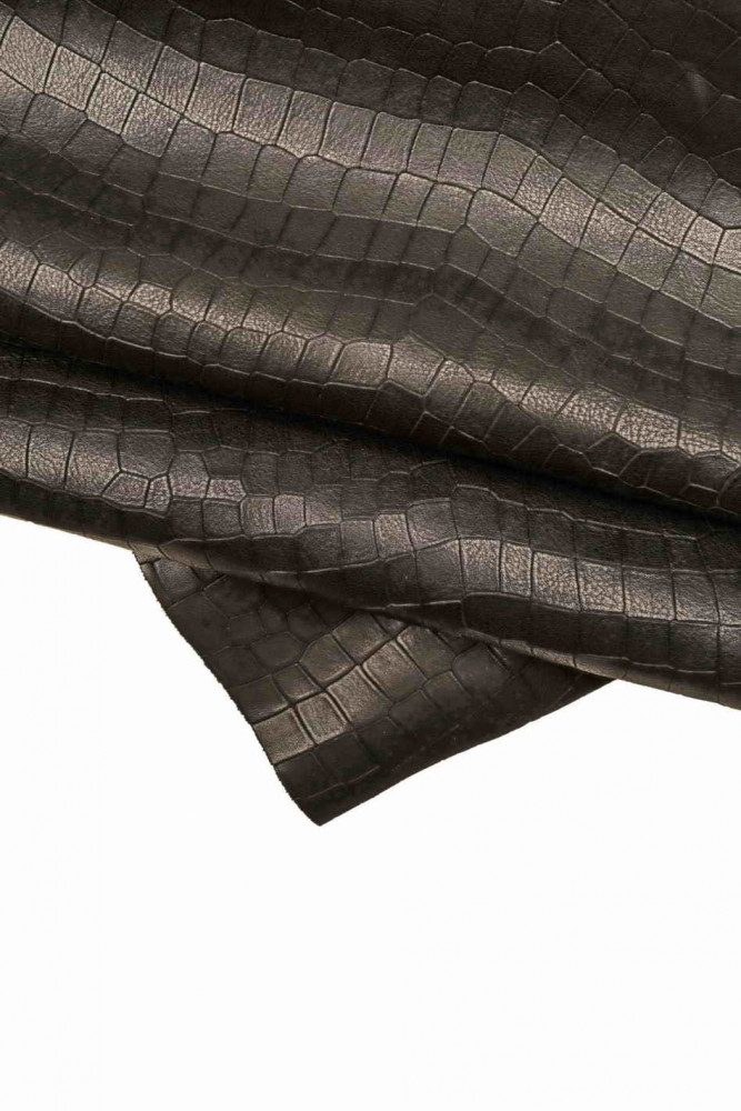 BLACK crocodile printed leather hide, soft milled cowhide, semi-glossy, croc embossed calfskin