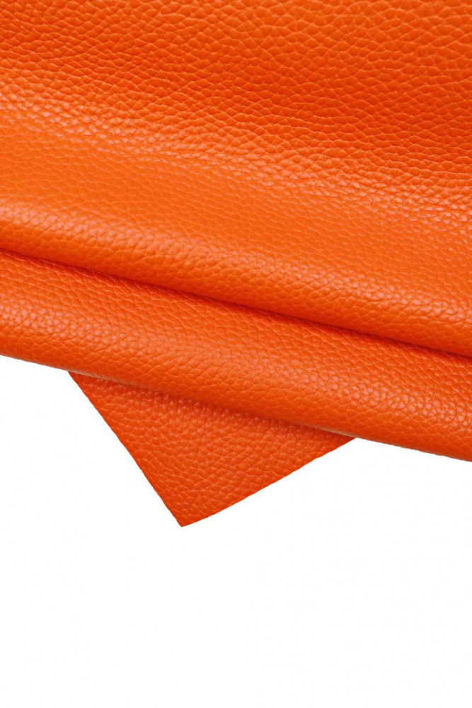 ORANGE pebble grain leather hide, embossed cowhide, soft glossy calfskin, 1.5-1.6 mm