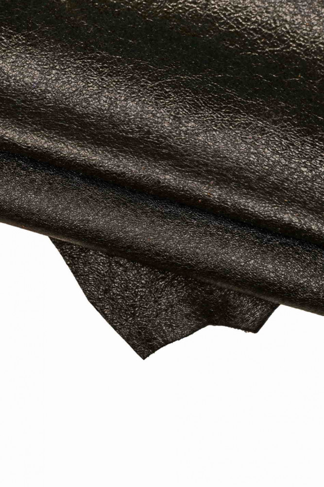 Black METALLIC goatskin with very light night blue shades, bright wrinkled leather skin, glossy soft skin