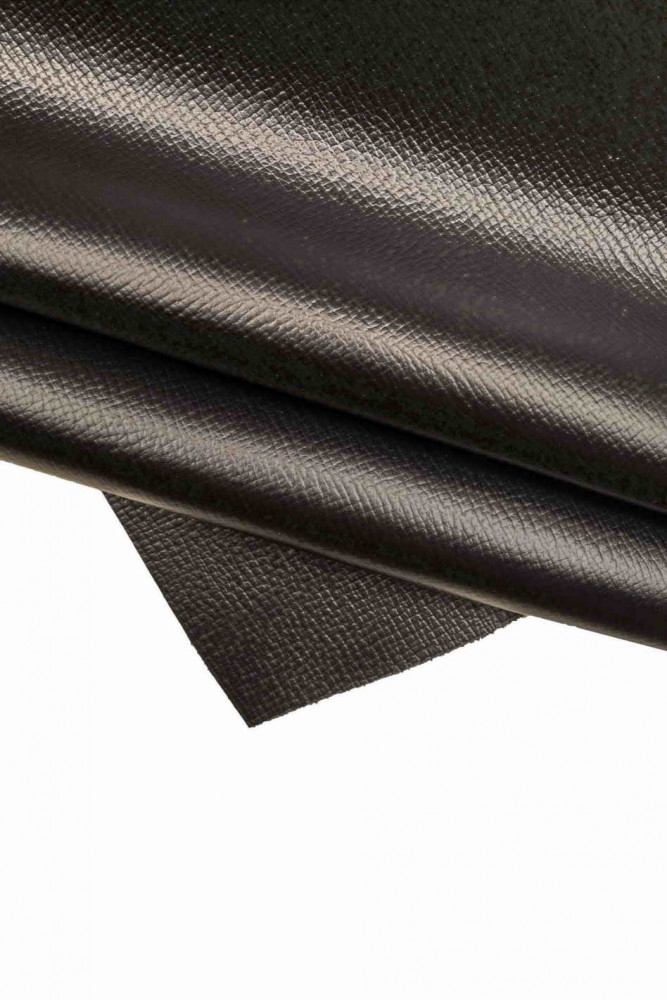 Black PEBBLE grain printed cowhide, saffiano-like embossed leather hide, glossy calfskin, 1.5-1.7 mm