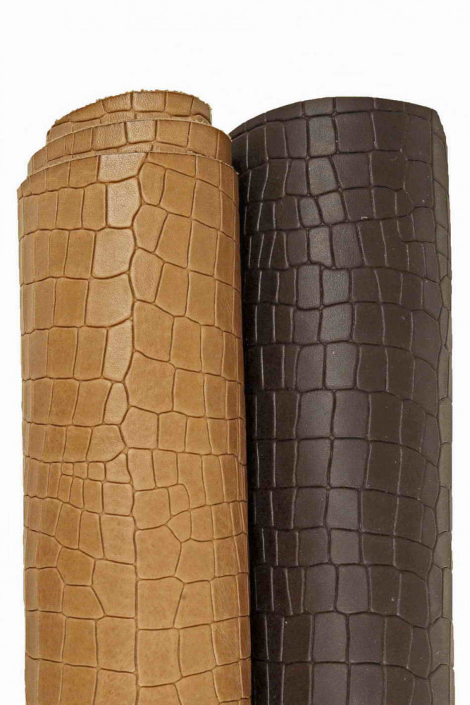 Brown CROCODILE embossed leather hide, hazelnut and dark brown cowhide, croc printed soft calfskin
