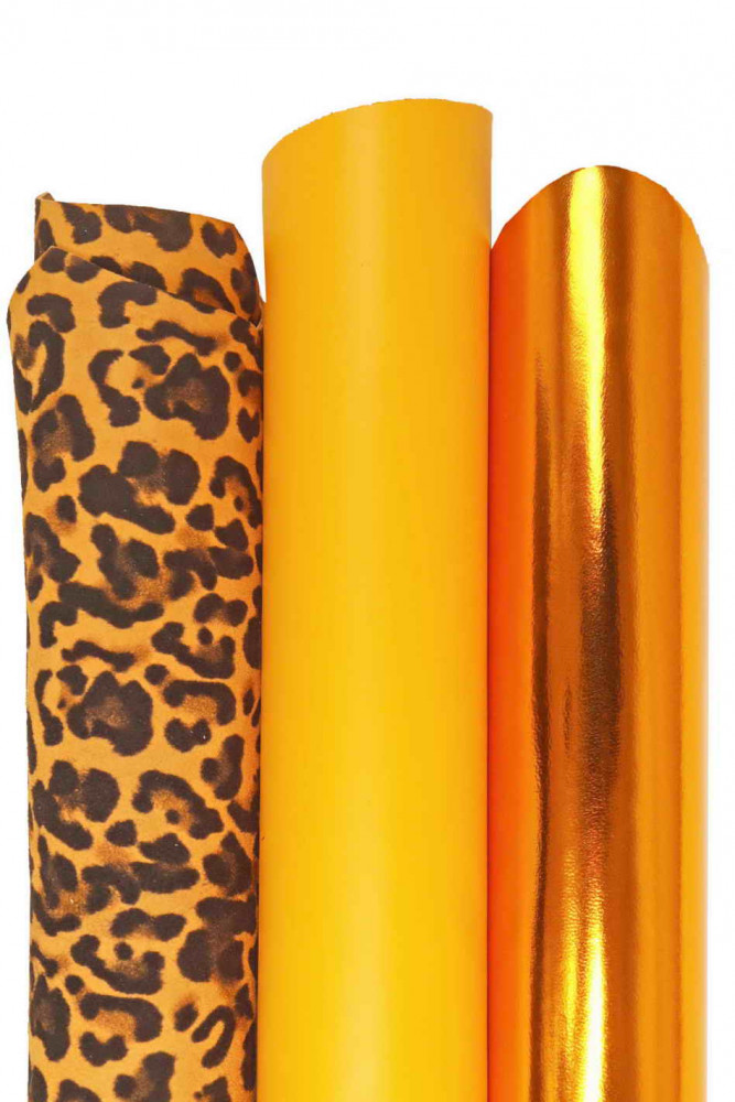 Bundle of 3 YELLOW orange leather skins, mix of solid color metallic, animal printed matching goatskins a.p.p.