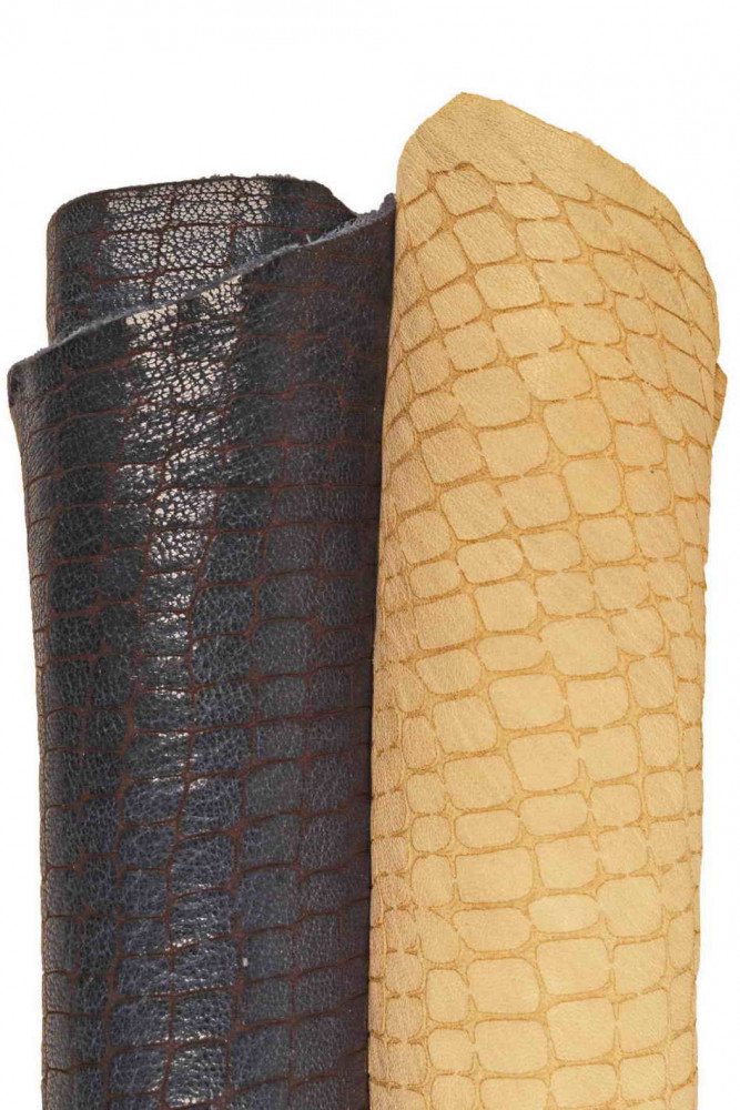 SPORTY crocodile leather skin, beige blue vintage soft goatskin, washed croc printed hide