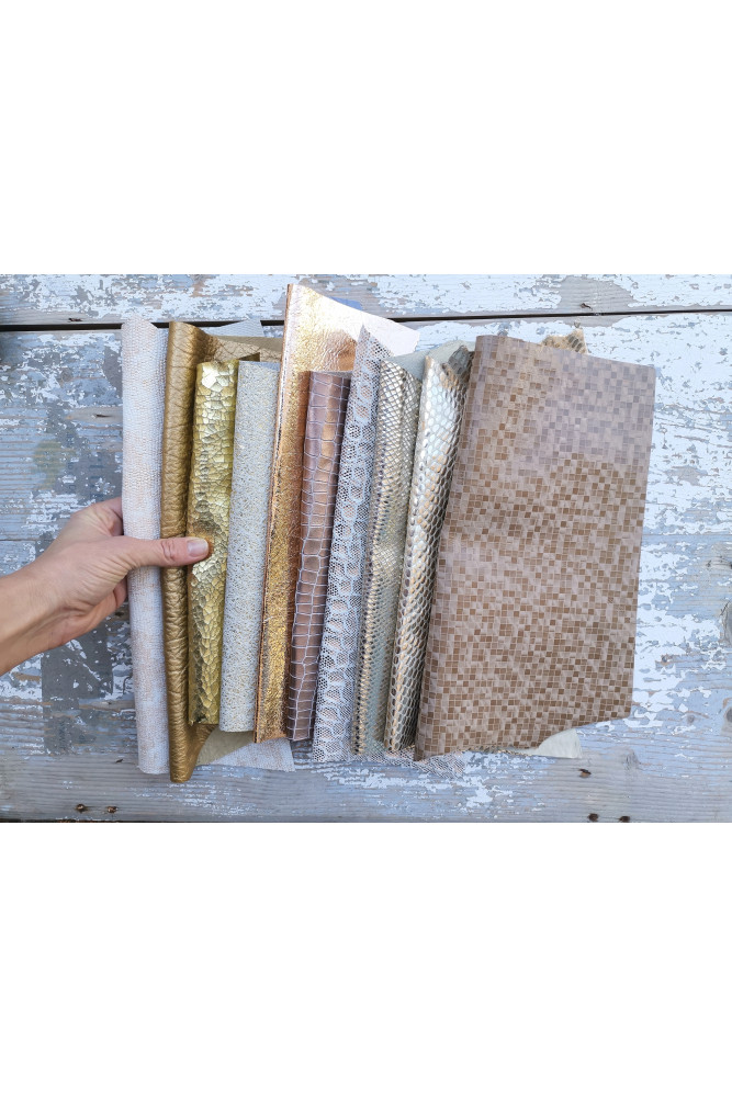 10 Selected leather scraps, GOLD and CREAM tones, mix colorful selection leather remnants as per pictures