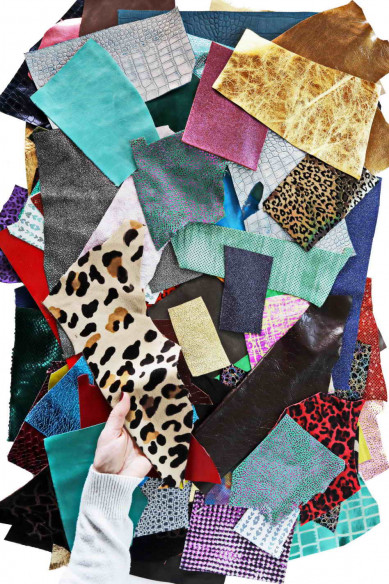 100 Leather scraps, 2x4"/5x10 cm minimum measures, RANDOM selection, MIX of printed, metallic, solid colors, patent and vintage
