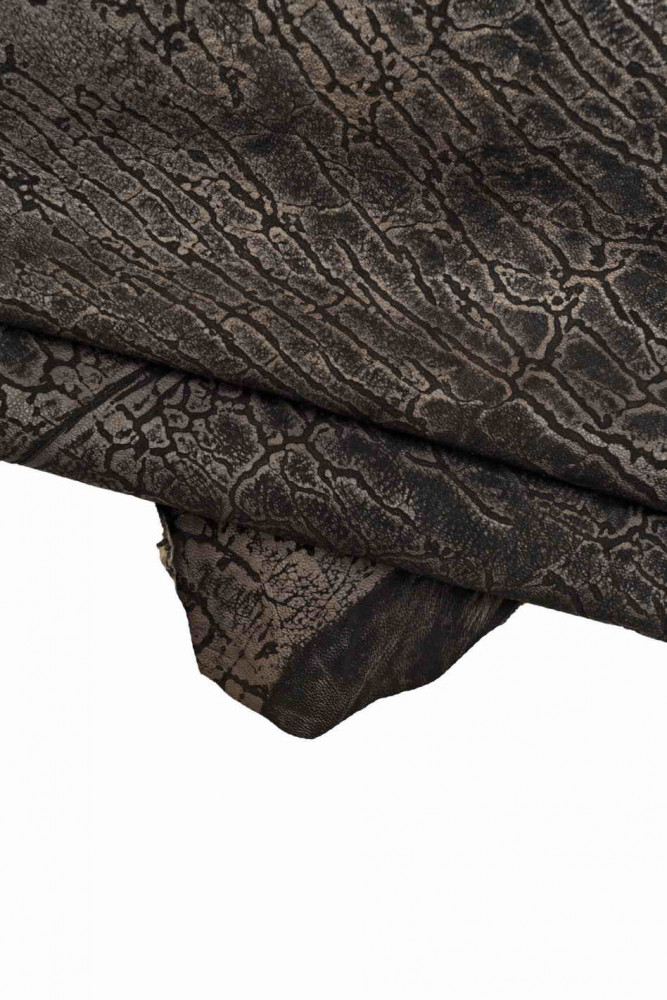 REPTILE printed leather skin, black suede goatskin with brown abstract animal texture, soft skin
