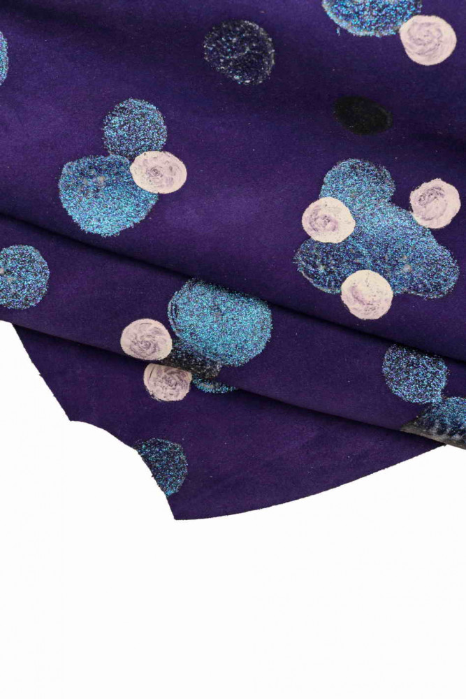 Polka DOTS leather hide, purple blue suede calfskin with white, black, glitter blue dots print, original suede cowhide