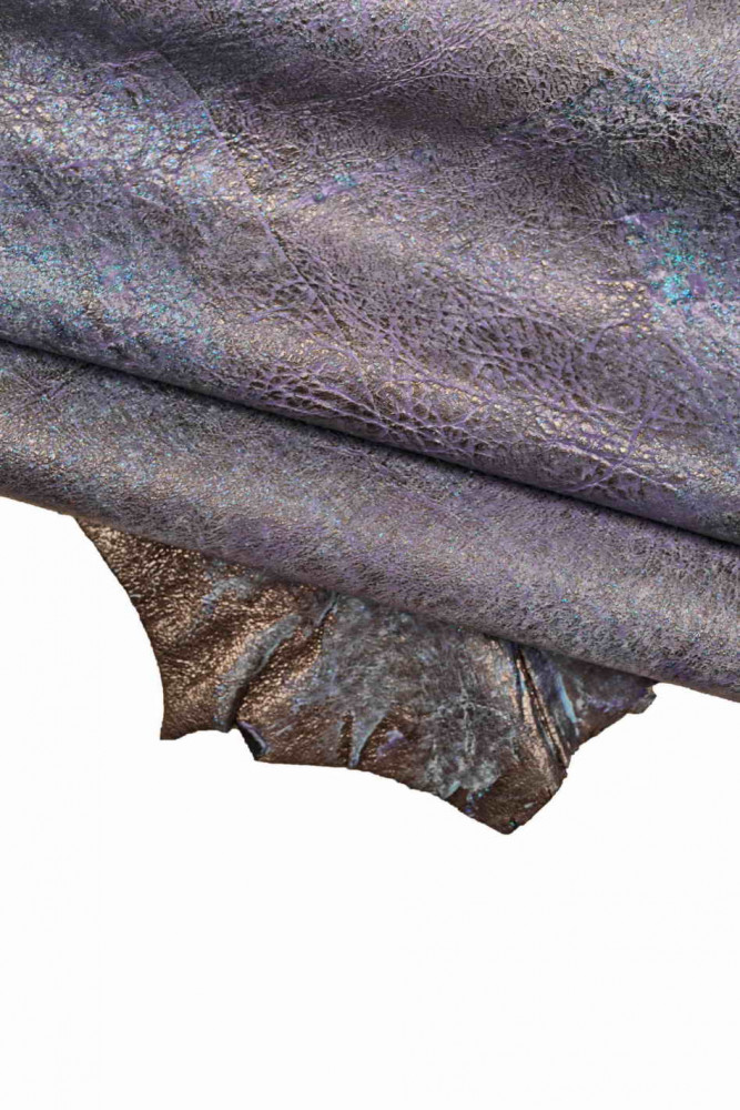 GLITTERED artistic leather skin, purple blue, wrinkled handpainted goatskin, unique hide with color shades, soft