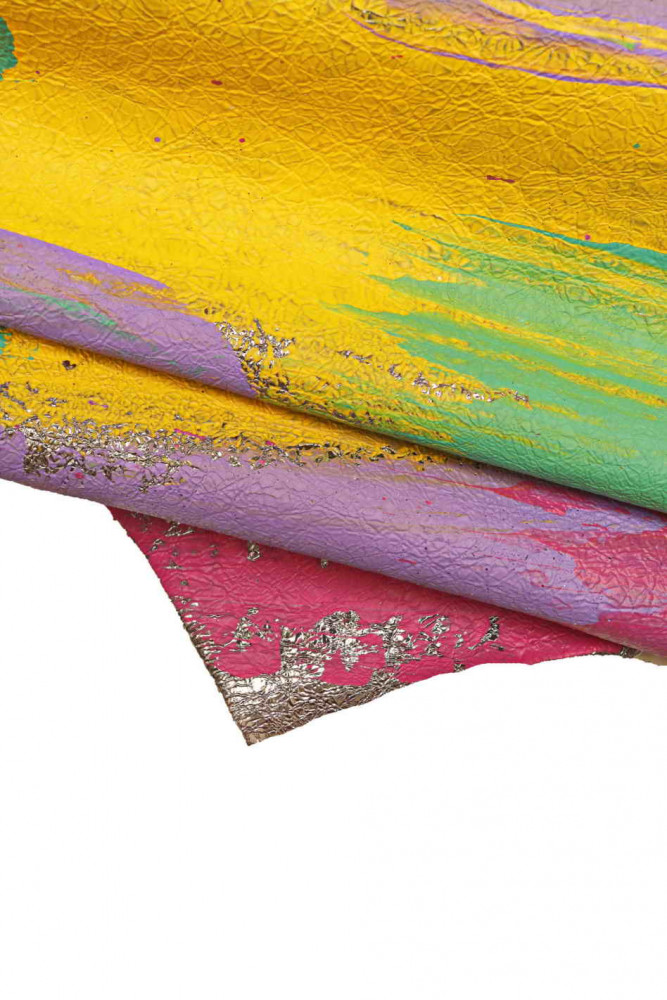 Special MULTICOLOR leather skin, steelmetal handpainted goatskin with colorful strokes, wrinkled rubbery soft goatskin