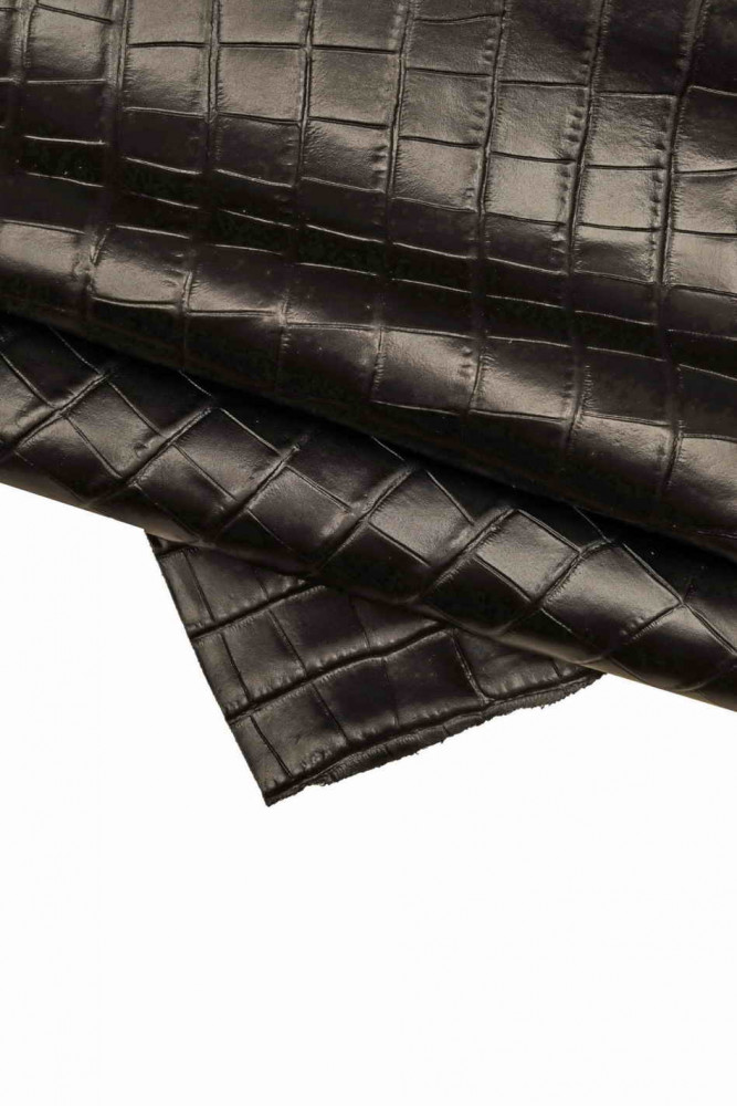 Black CROCODILE embossed leather hide, glossy croc printed cowhide, black calfskin, 0.9 - 1.1 mm