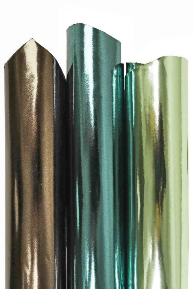 MIRROR metallic leather hide, light green, petroleum blue and dark brown glossy smooth goatskin