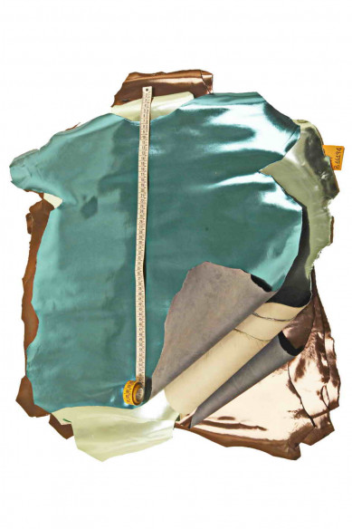 MIRROR metallic leather hide, light green, petroleum blue and dark brown glossy smooth goatskin
