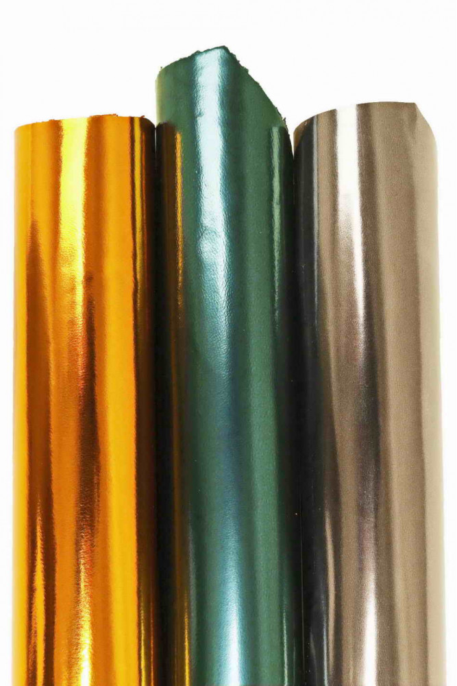 MIRROR metallic leather hide, steel, green and orange glossy smooth goatskin, quite stiff