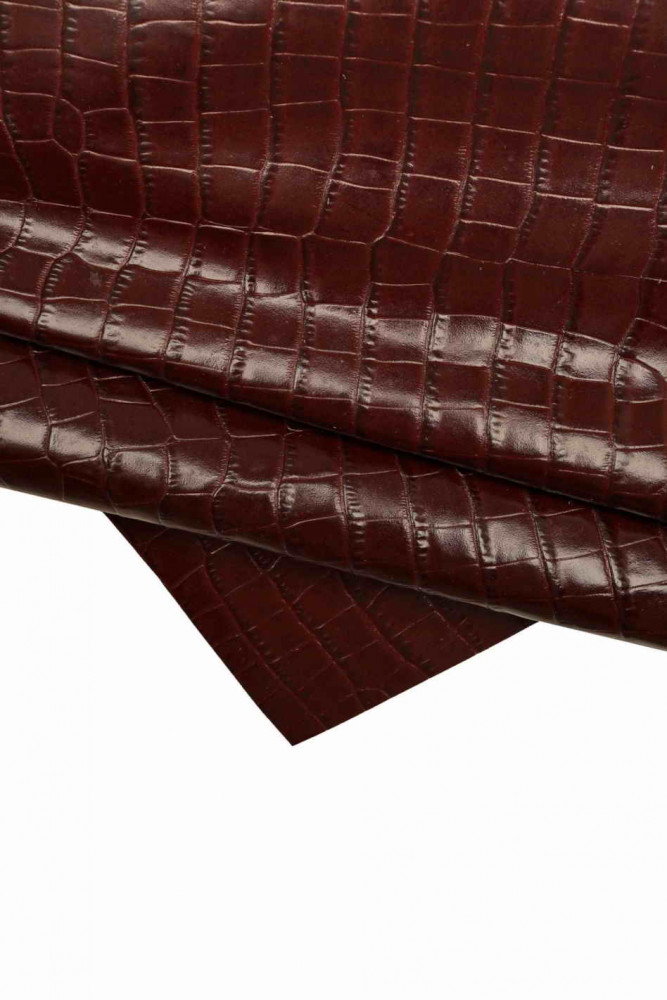 Burgundy CROCODILE embossed cowhide,...
