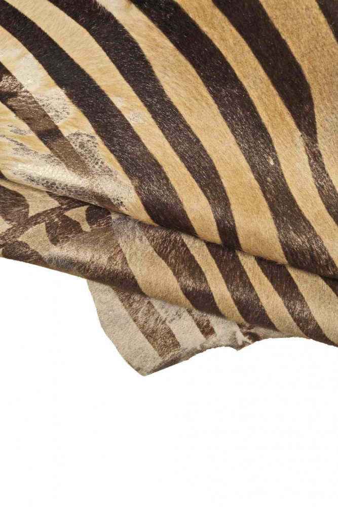 Zebra TEXTURED pony calfskin, beige brown printed hairy cowhide with light gunmetal foil, soft pony calfskin