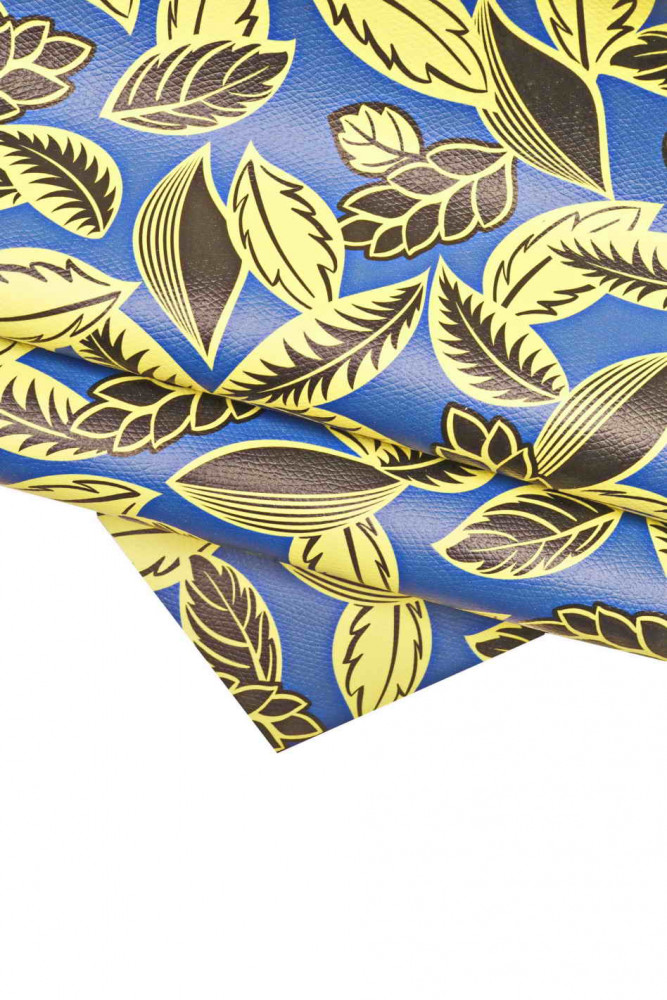 FLORAL textured leather hide, yellow blue black pebble grain calfskin with leaves print, quite glossy cowhide
