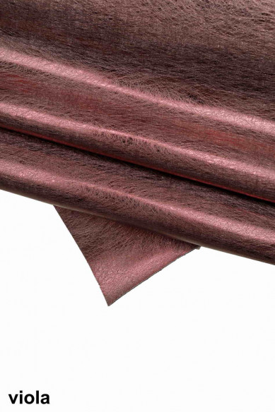 Pellame LAMINATO viola e blu, vitello metallizzato specchio stampa simil graffio, pelle lucida effetto graffiato