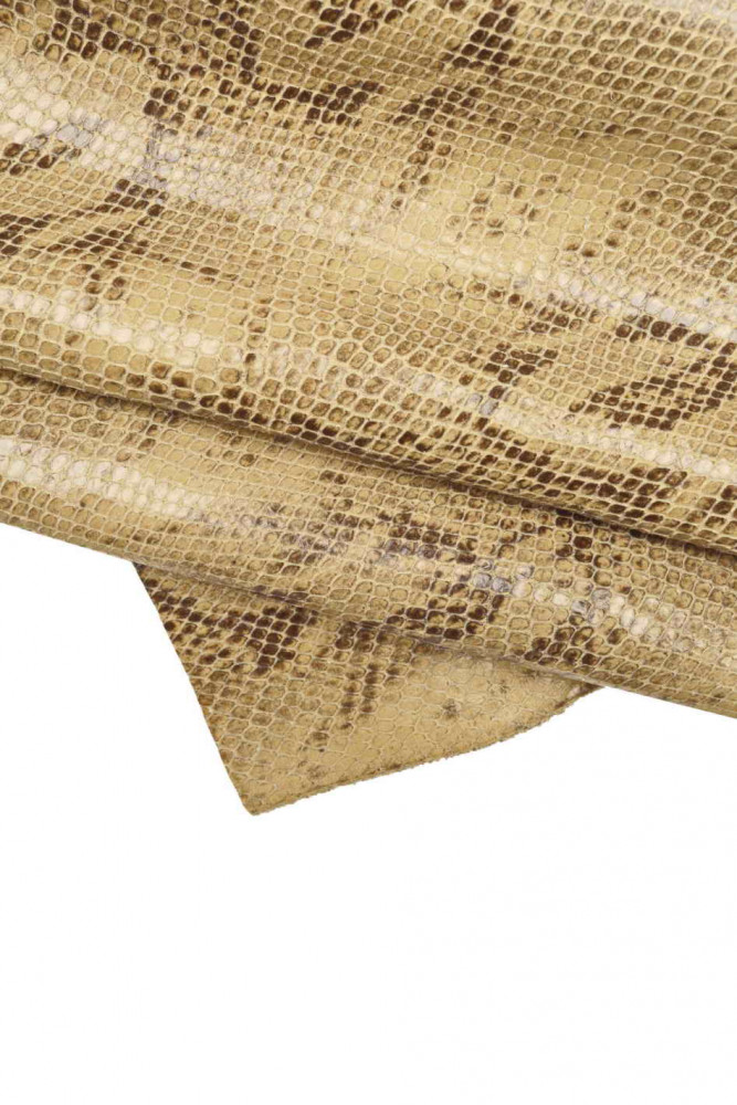 SNAKE textured leather hide, beige brown reptile python pattern on cowhide, glossy soft animal printed calfskin