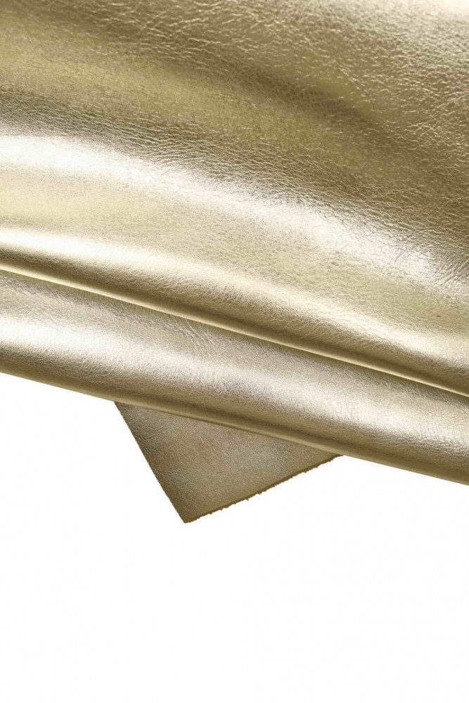 Light GOLD leather hide, metallic wrinkled cowhide, platinum glossy calfskin, medium softness
