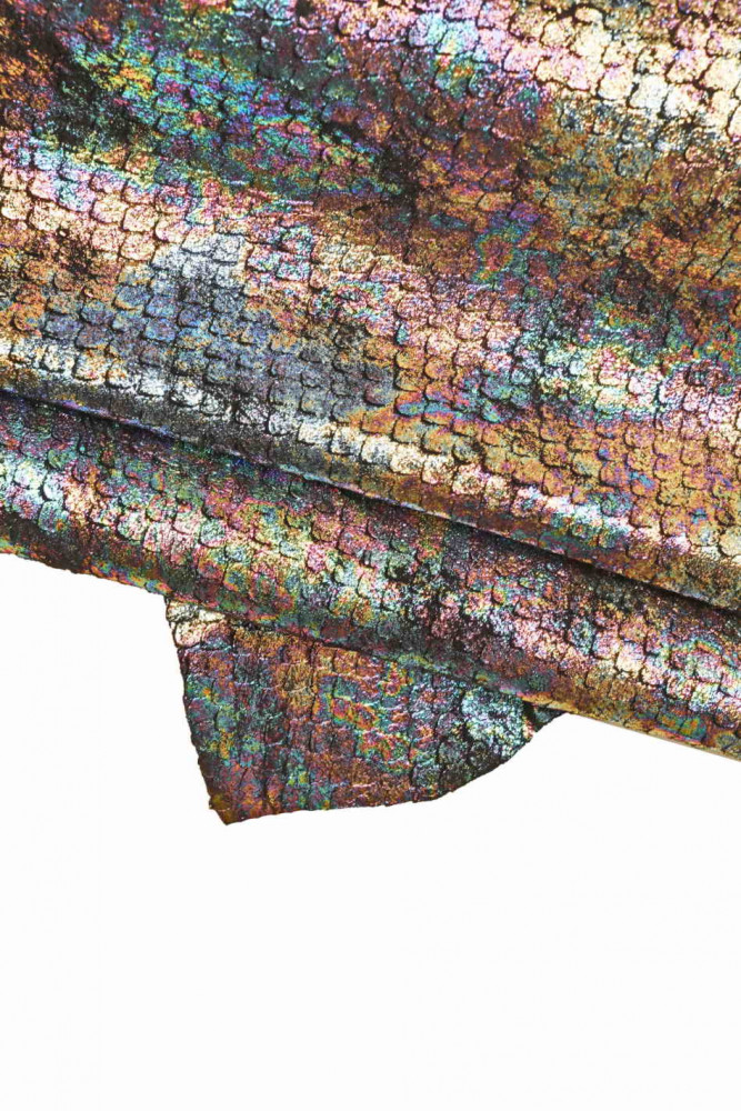 HOLOGRAPHIC metallic leather skin, reptile snake printed goatskin, bright carved suede hide, soft