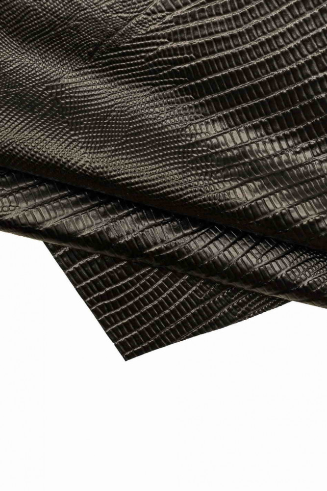 Black CROCODILE embossed leather hide, glossy printed calfskin, black animal printed cowhide, 0.9 - 1.0 mm