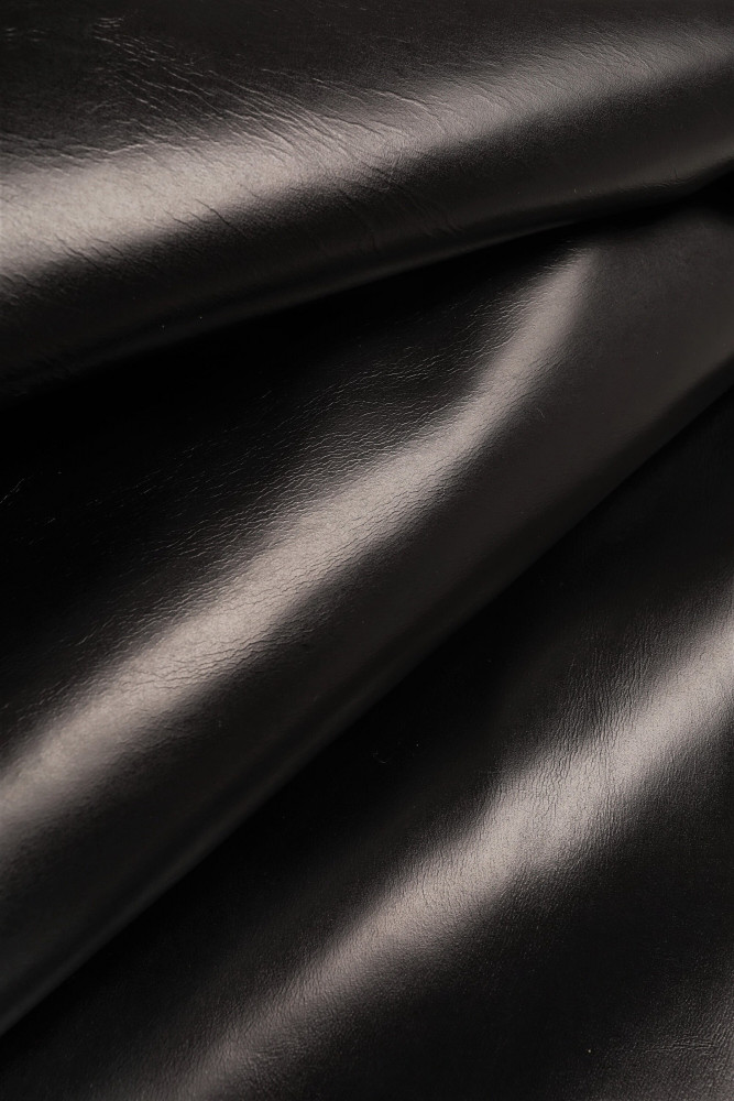 BLACK smooth LEATHER hide, solid color glossy cowhide, black calfskin, medium softness, 1.0 - 1.1 mm B16365-TB