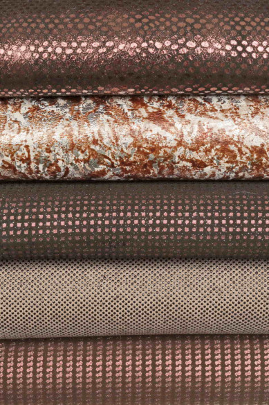 Pack di PELLAMI bordeaux, marrone, 5 pelli abbinate laminate stampate, morbide luminose come da foto