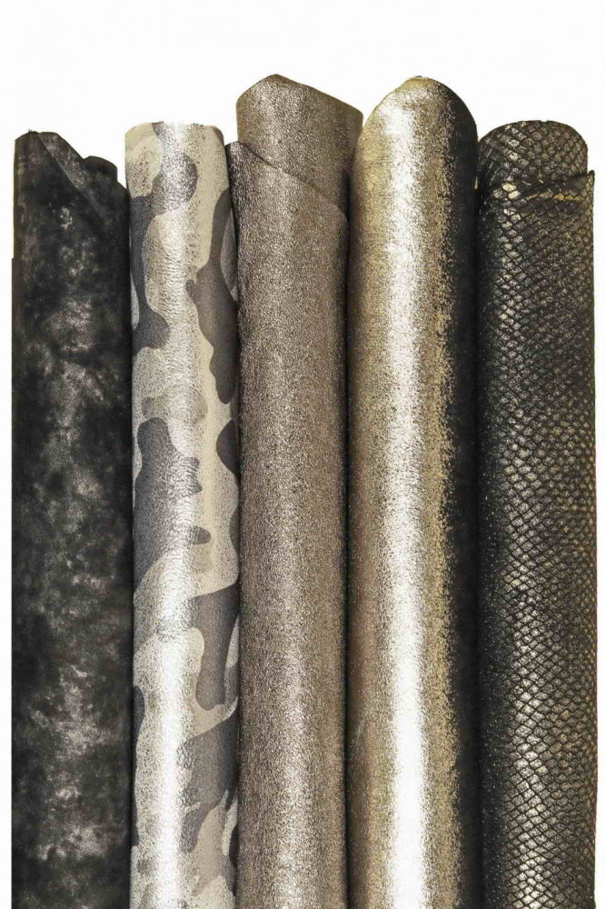 Set of 5 BLACK steelmetal goatskins, assortment of metallic printed soft leather skins as per picture