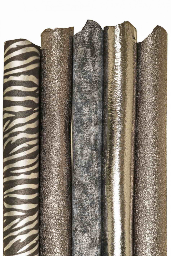 Assortment of GREY steel gunmetal leather skins, 5 metallic printed matching goatskins as per picture