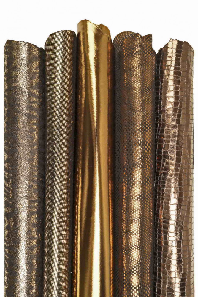 5 BRONZE brown assorted goatskins, set of metallic textured soft matching skins as per picture