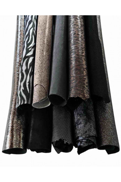 Lotto di 10 PELLI casuali nero grigio acciaio qualità top, occasione assortimento pellami pezzi unici laminati e stampati