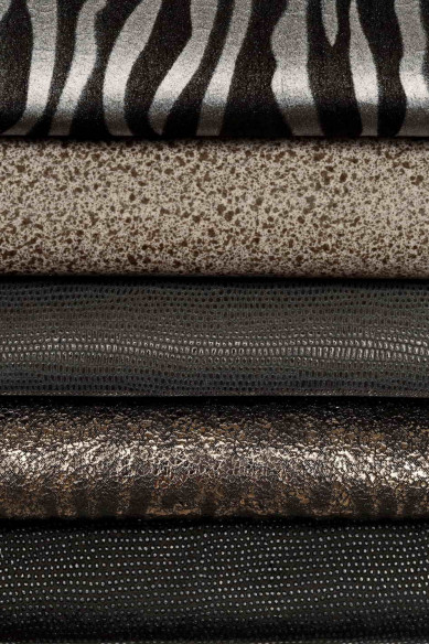 Lotto di 10 PELLI casuali nero grigio acciaio qualità top, occasione assortimento pellami pezzi unici laminati e stampati